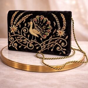 VTG ZARDOZI Black Embroidered Peacock Velvet Evening Bag Handbag
